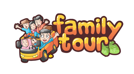 cartoon illustration of a family riding in a car or together with additional text Family Tour