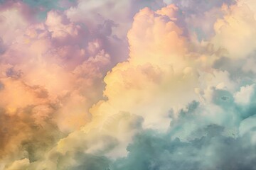 Fototapeta na wymiar Pastel Watercolor Clouds A Dramatic and Peaceful Ethereal Formation in Soft Colors and Dreamcore Texture