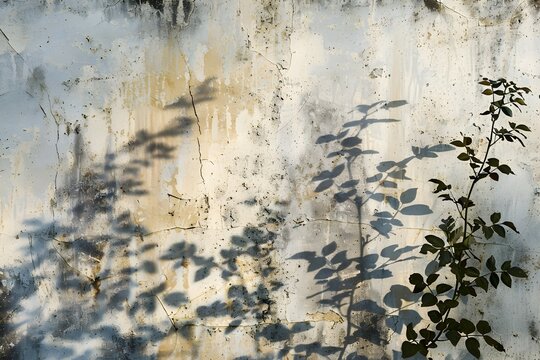 Hyperrealistic Shadows of Plants Adorning an Aged Concrete Wall in Soft Backlight