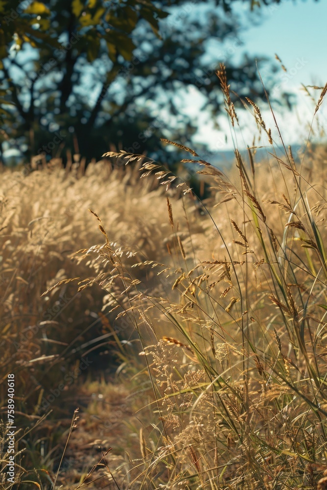 Aufkleber a scenic view of a field of tall grass with trees in the background. suitable for nature and landsca