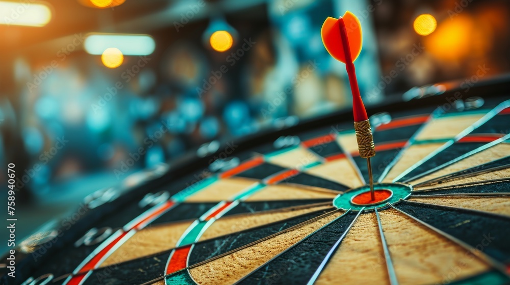 Poster dartboard with dart arrow in the center of dartboard, business target concept