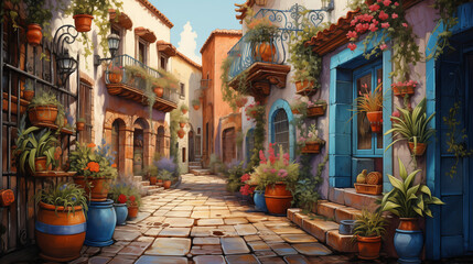 Potted plants and bistro tables adorn a quaint and sunlit alley in a picturesque Mediterranean village, depicted in the watercolor illustration.