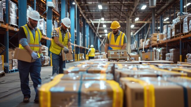 Create a realistic image of a group of warehouse workers engaged in safety training, wearing protective gear and practicing safe procedures.