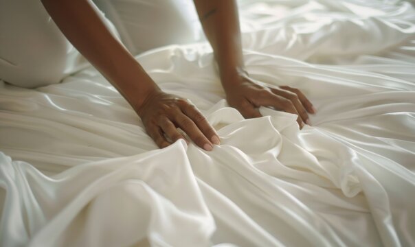 Female hands on a white bed