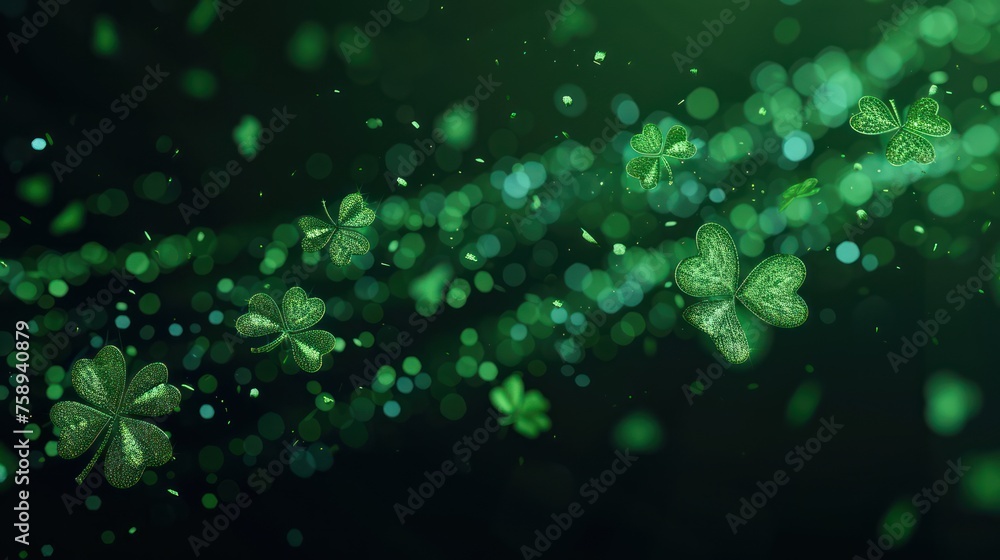 Poster solid dark green background with lots of free space with a bit of a realistic small photo of cloverl