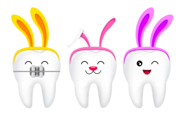 Fototapeten Cute cartoon tooth characters with rabbit ears decoration. Dental care concept. Happy Easter day. Bright smile for easter illustration. © wowow