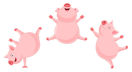Set of funny cute cartoon pig dancing. Character design. illustration
