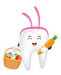 Bunny tooth character with Easter eggs basket and carrot. Happy Easter day. Illustration