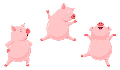 Set of funny cute cartoon pig dancing. Character design. Illustration