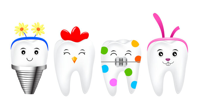 Set of Easter tooth character design. Funny dental cartoon. Happy Easter holiday concept. Illustration.
