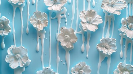 flowers are dripping on a blue background, in the style of light sky-blue and light white, leaf patterns