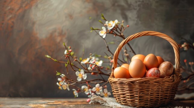 Easter eggs in a basket, background