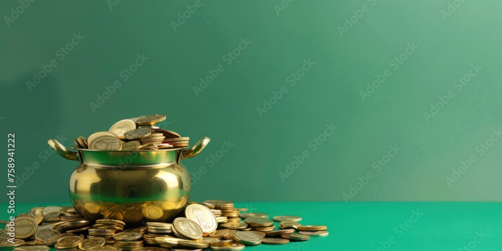 Poster solid dark green background with lots of free space with a bit of a realistic small photo of cloverl