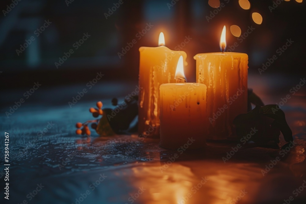 Poster three lit candles on a table in the dark. suitable for various concepts