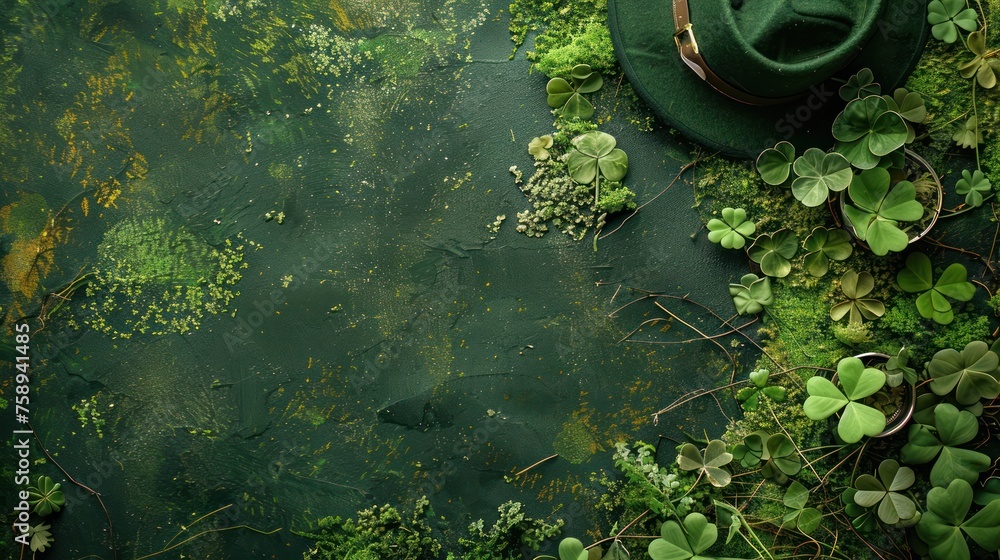 Poster solid dark green background with lots of free space with a bit of a realistic small photo of cloverl