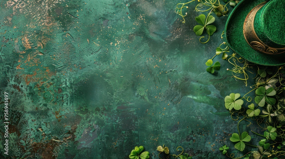 Aufkleber solid dark green background with lots of free space with a bit of a realistic small photo of cloverl