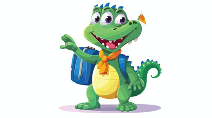 Cute crocodile character waves his hand and holds background