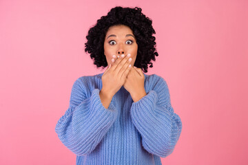 Photo portrait of lovely young lady cover mouth amazed terrible news wear trendy blue knitwear...