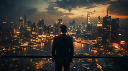 A business man, back view, in the office, overlooking a vibrant skyline view
