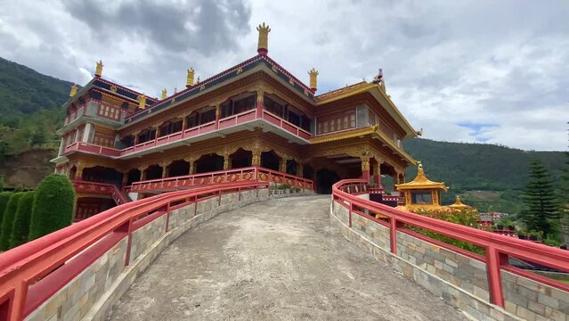 Beautiful tdl buddhist monastery architecture design at morning at dirang monastery arunachal pradesh india.