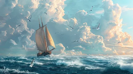 Foto op Plexiglas A peaceful painting of a sailboat in the vast ocean, perfect for travel or relaxation themes © Ева Поликарпова