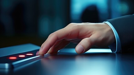 Hand pressing button on laptop, suitable for technology concepts