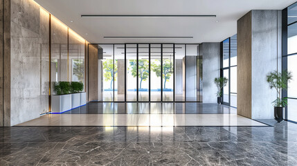 Sleek Modern Corridor in a Business Environment, Showcasing a Minimalist Design with Elegant Marble Flooring and Contemporary Furnishings