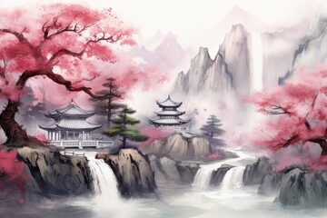 A serene painting of a waterfall with a pagoda in the background. Suitable for travel brochures or relaxation-themed designs