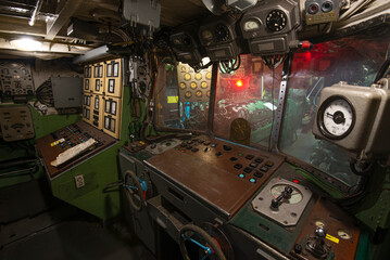 Interior of old battle ship's engine room control compartment - 758942065