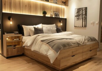 Fototapeta na wymiar Modern bedroom interior design. Beside the bed hanging electric light. A frame with Scandinavian nature view behind the bed. The bed create with wood.