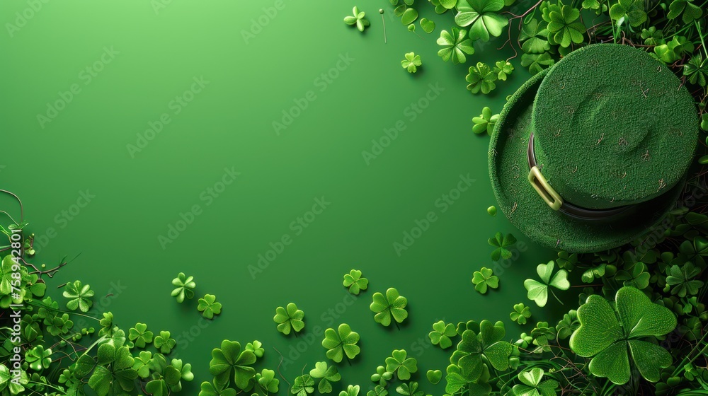 Poster solid green background with lots of free space with a bit of a realistic small photo of cloverleaf