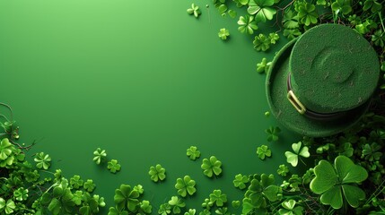 Solid green background with lots of free space with a bit of a realistic small photo of Cloverleaf