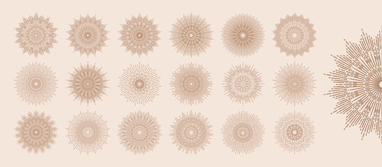 Hand drawn set of Sun, sunburst, light rays in line art. Bohemian symbol bursting sun rays. Magic talisman, antique style, boho, tattoo, logo. Vector illustration isolated on beige background