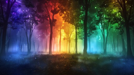 Mystical forest scene with trees and fog on a black background enhanced by rainbow lights.