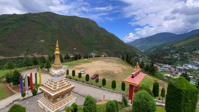 Beautiful tdl buddhist monastery architecture design at morning at dirang monastery arunachal pradesh india.