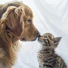 Golden retriever dog and a stunning kitten on a stark white background, both intensely locking eyes with the lens. The golden retriever dramatically tilts its head to the side.