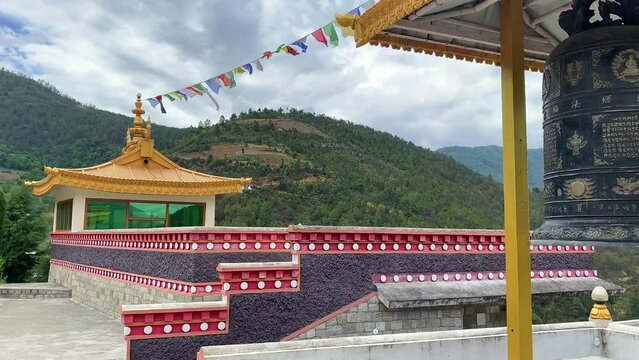 Beautiful tdl buddhist monastery architecture design at morning at dirang monastery arunachal pradesh india.