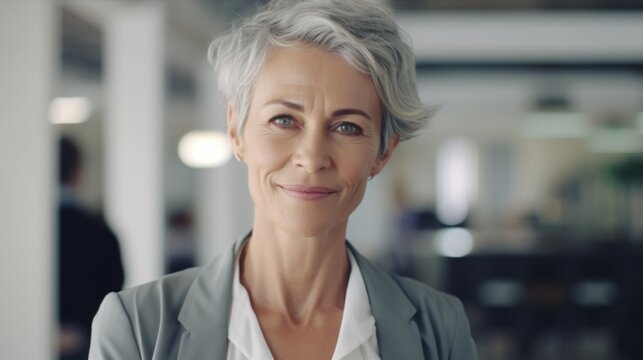 A woman with grey hair wearing a white shirt. Suitable for various concepts