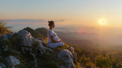 Spiritual and emotional concept with nature in maternity time. Pregnant woman practicing yoga outdoors