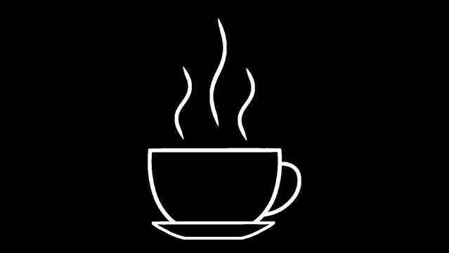 Animated white icon of a coffee cup with evaporating steam. Animation isolated on transparent background with alpha channel.