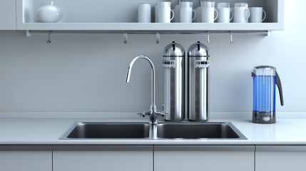 photo realistic simple stainless steal sink frontal view with under sink 7 stage water filtration with uv filter - obrazy, fototapety, plakaty