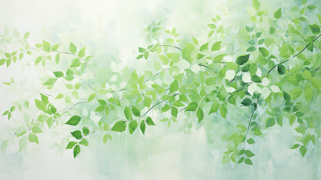 A serene view of light shining through vibrant green leaves on delicate tree branches, depicting early summer or spring.