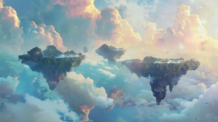 Surreal dreamlike landscape with floating islands and ethereal sky.