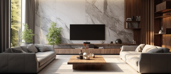 Stylish living room with marble walls, wooden furniture, gray couch, marble coffee table, and flat screen.