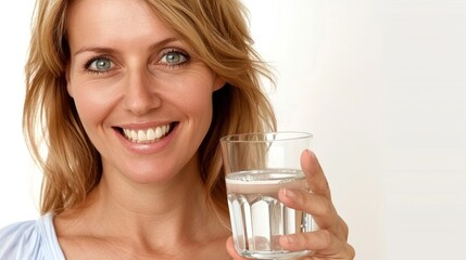 photography of happy blond woman holding a glass of water,Eyes to the left radiant smooth skin