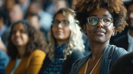 A group of people sitting in front of a crowd. Ideal for business or educational concepts