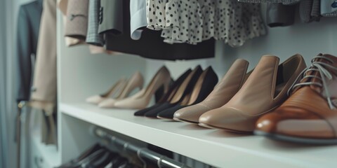 Row of shoes neatly arranged on a closet shelf. Suitable for fashion or organization concepts