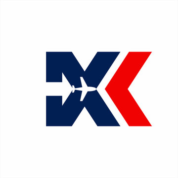 Geometric abstract DXK letter logo design with plane and arrow on negative space.