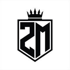 ZM Logo monogram bold shield geometric shape with crown outline black and white style design