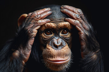 Close-up portrait of cute chimpanzee standing isolated on black background and covering head with hands